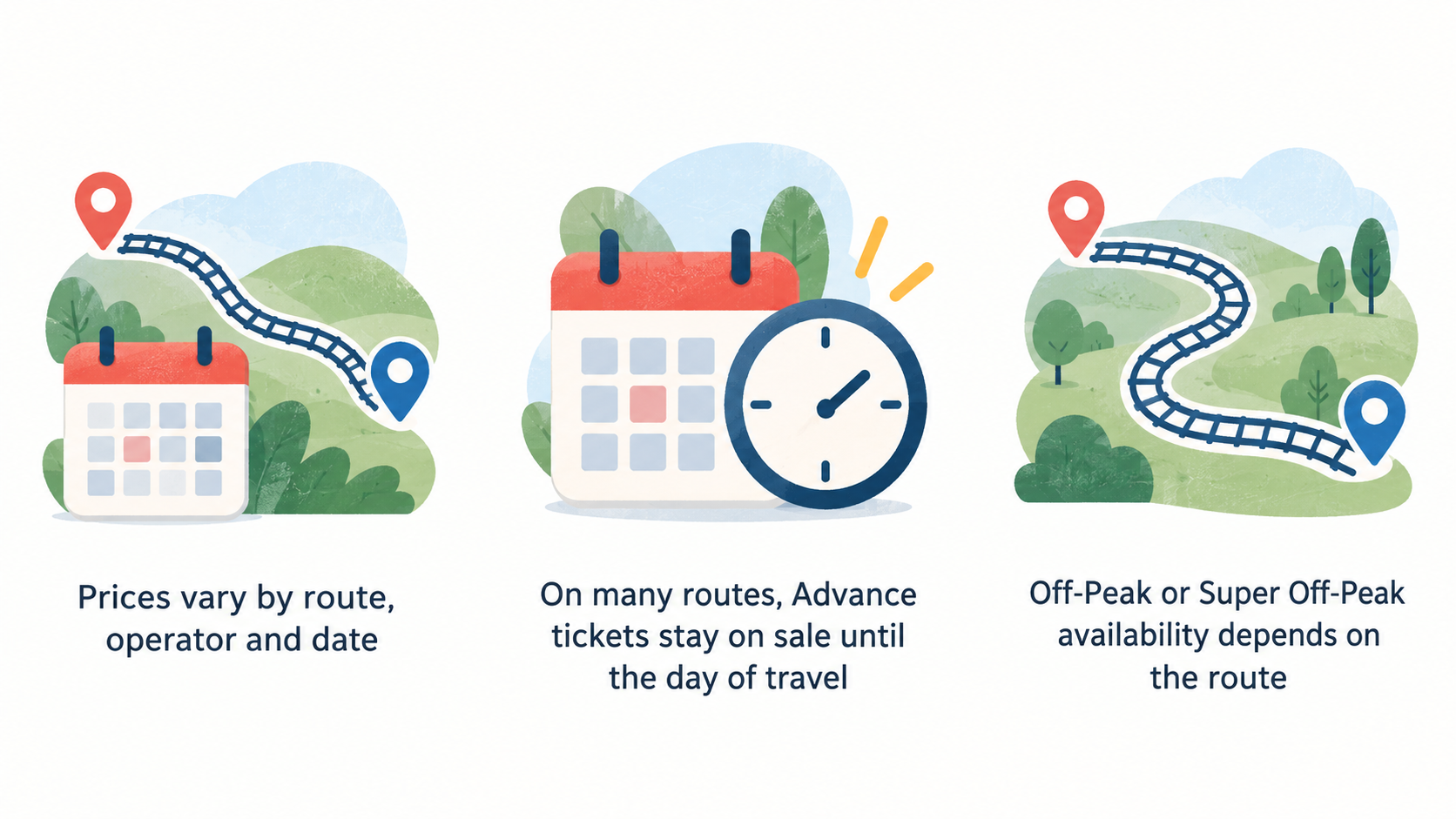 Compare the three ticket types on the stated flexibility, buying timing and typical use.