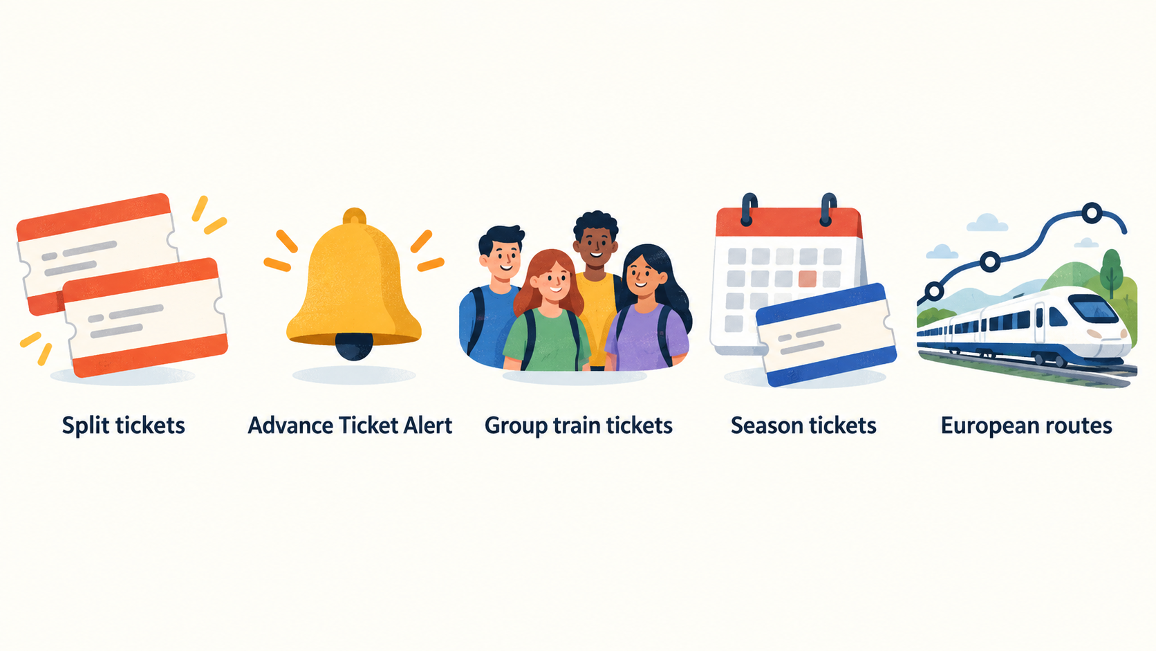 Illustrate the stated difference between Trainline’s listed feature range and Split My Fare’s narrower focus on splitting a fare, without judging how well either performs.
