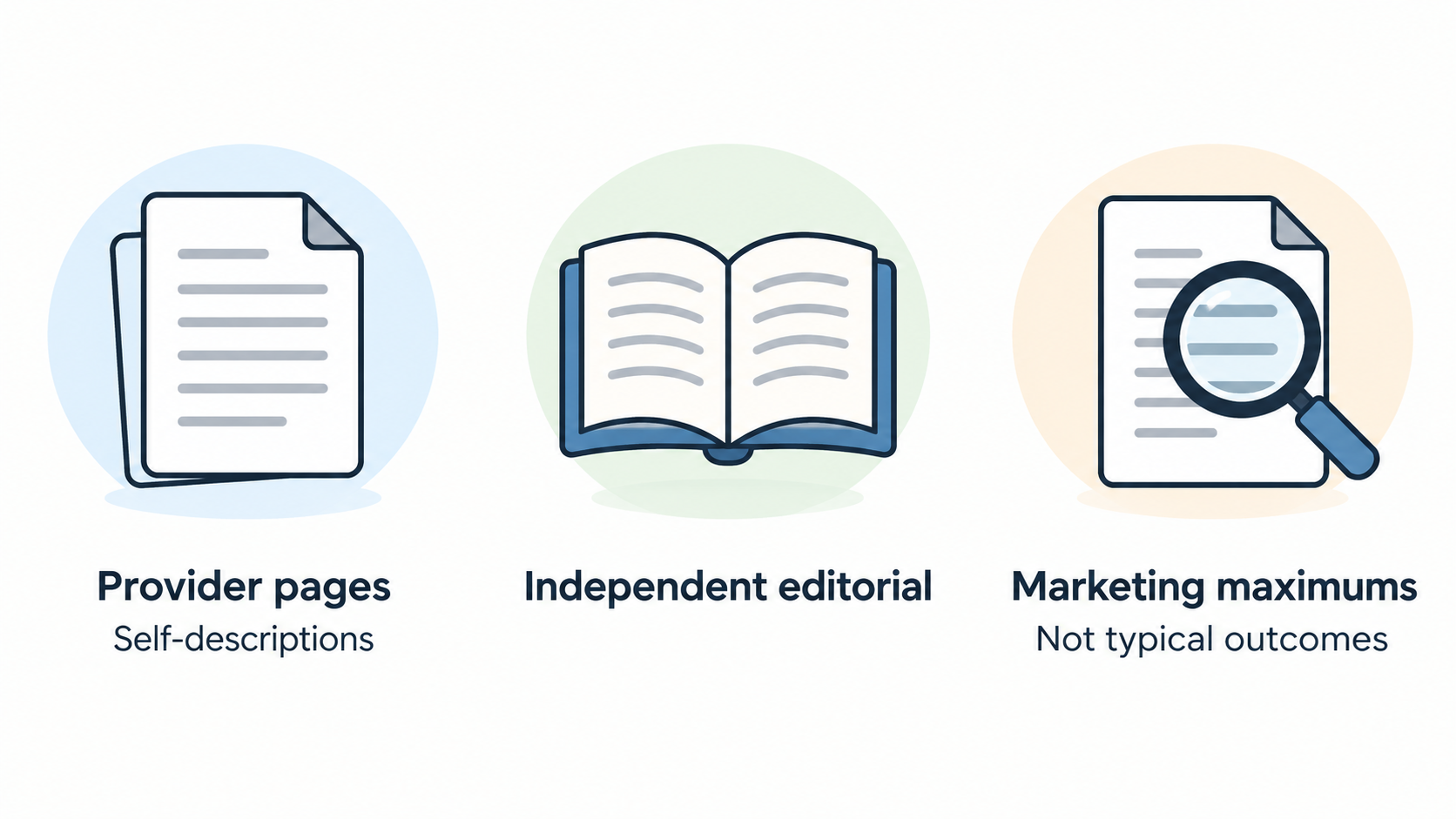 One row of four icons with short labels summarizing the section’s stated evidence limits: provider self-descriptions, no hands-on testing, checkout confirmation, and Trainline