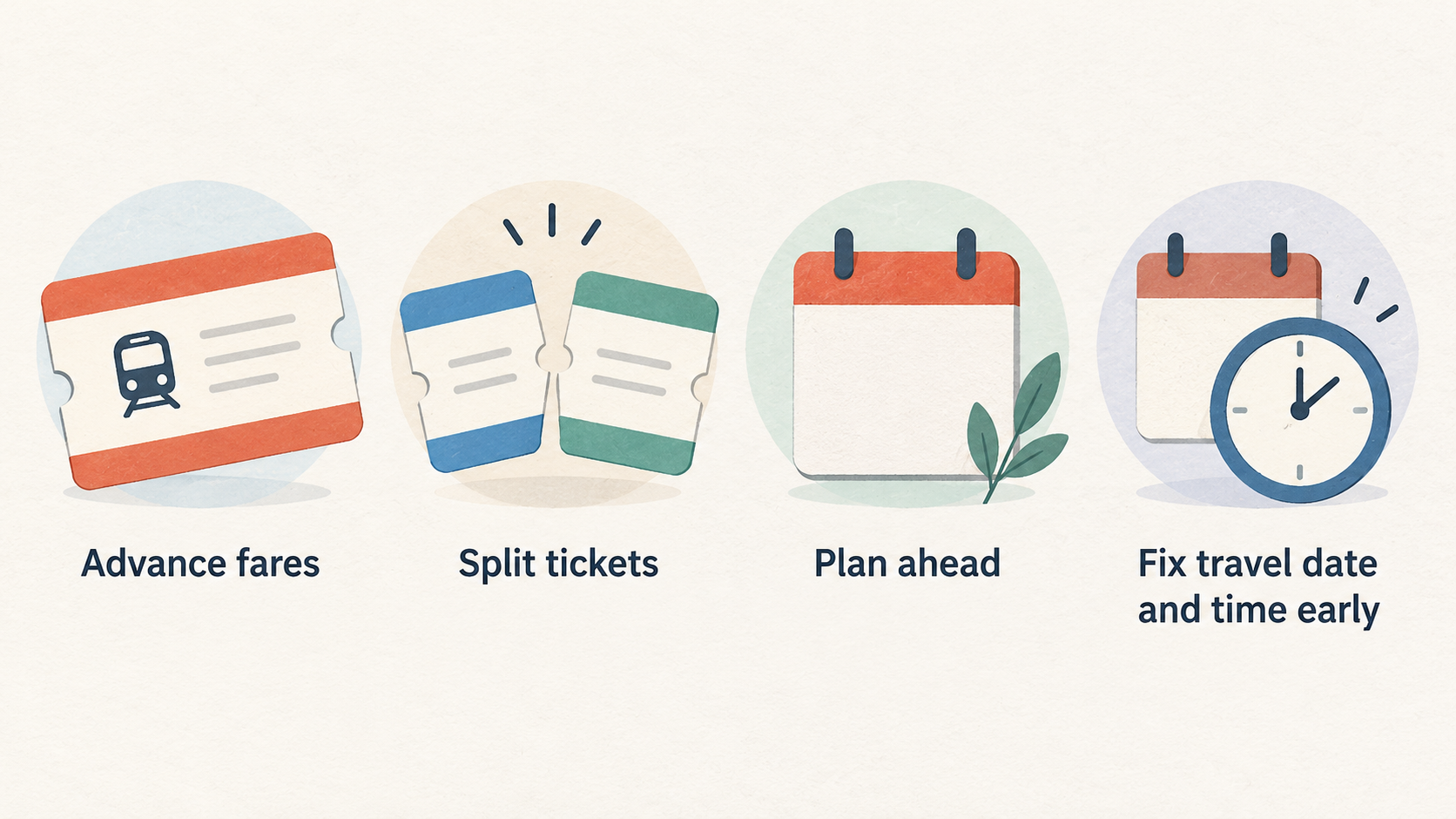 One row of three icons with short labels for the section’s stated points: plan ahead, split one journey into several tickets, and compare totals for the route, date and time.