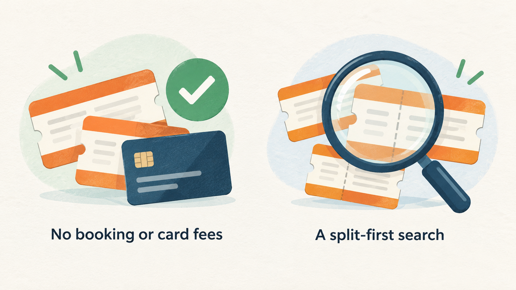 Summarize five stated strengths in one row of icons with short labels: No booking or card fees; A split-first search; Railcard handling; Group discounts; Speed.