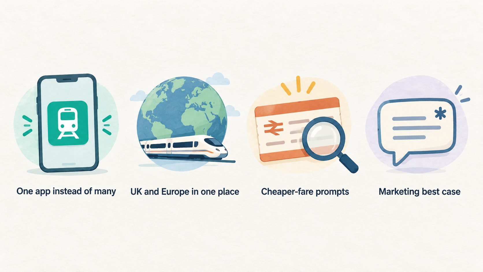 One row of three icons with short labels: “One app instead of many”, “Cheaper-fare prompts” and “Split tickets and railcards”.