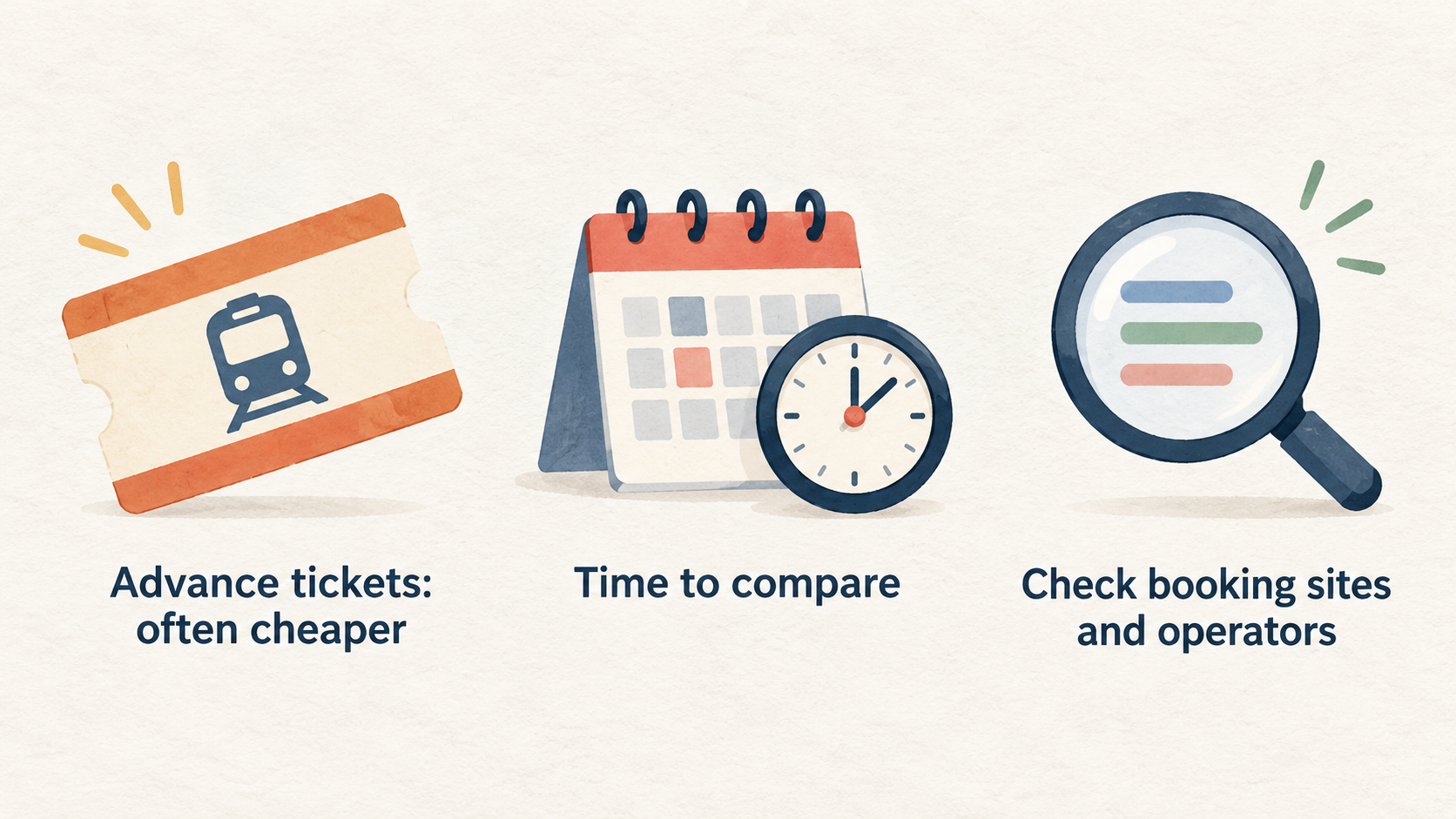 Show a three-step numbered checklist for comparing prices, applying a Railcard at search, and checking that the basket shows the saving.