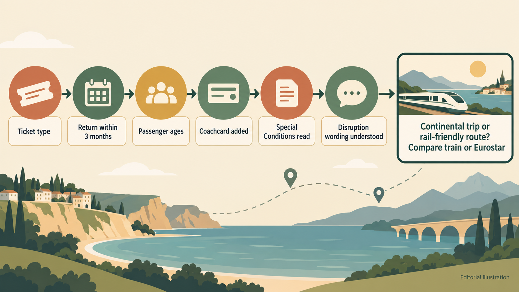 Give readers a scannable pre-payment checklist and a prompt to consider rail or Eurostar when the trip suits them better
