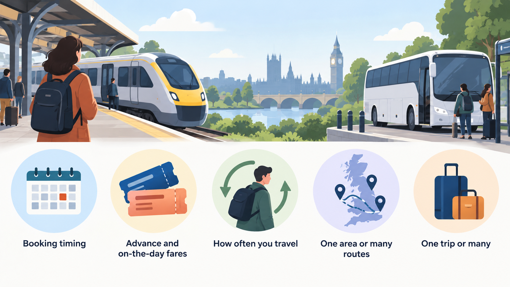 Illustrate the stated fare-timing principle and the often-cheaper Advance option without implying a specific price or guaranteed saving.