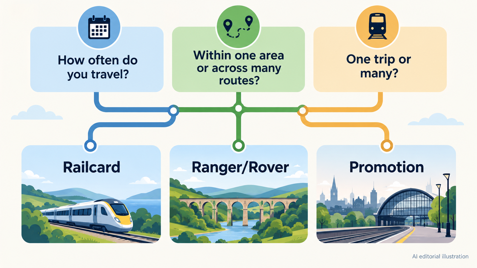 Help readers choose between a railcard, a Ranger/Rover ticket and a one-off promotion based on their trip pattern