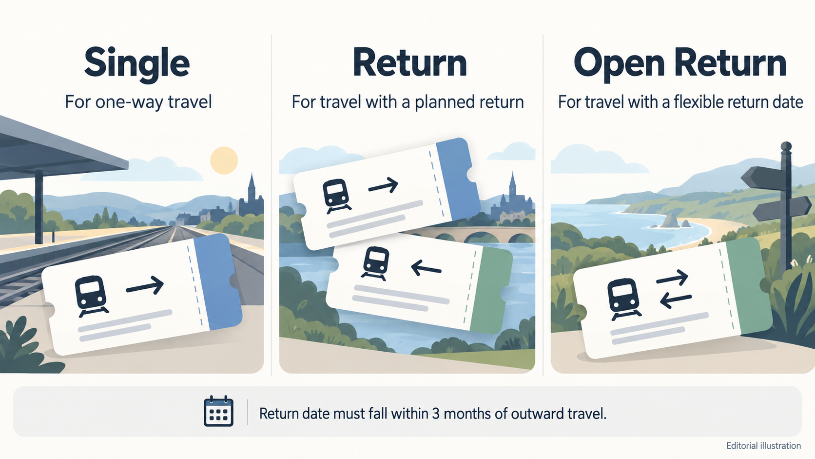 Help readers match Single, Return and Open Return tickets to their travel plans at a glance