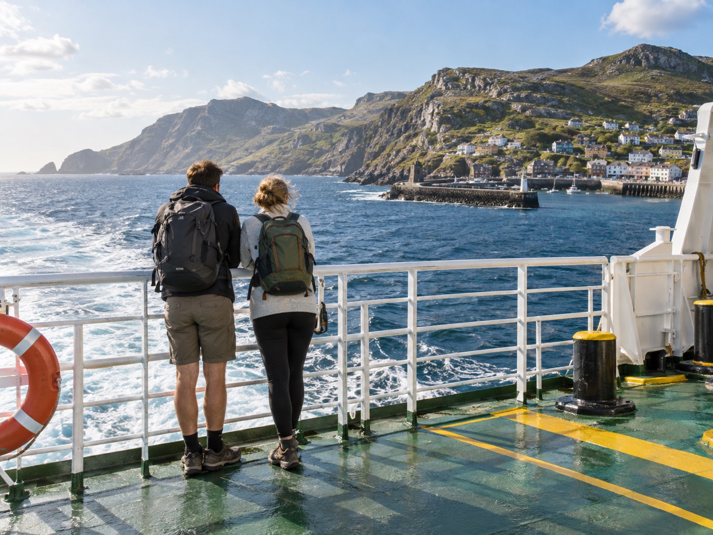 Travellers on the open deck of a car ferry approaching a harbour town