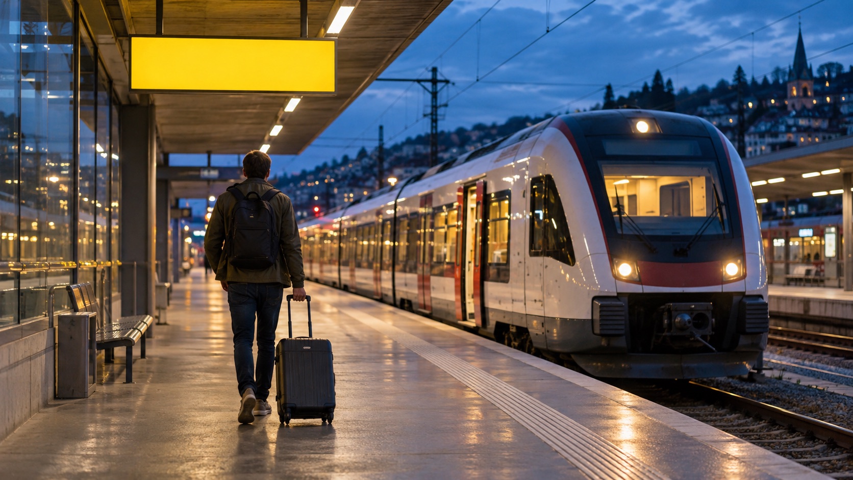 A traveller with a carry-on walking along a station platform at dusk under a yellow sign