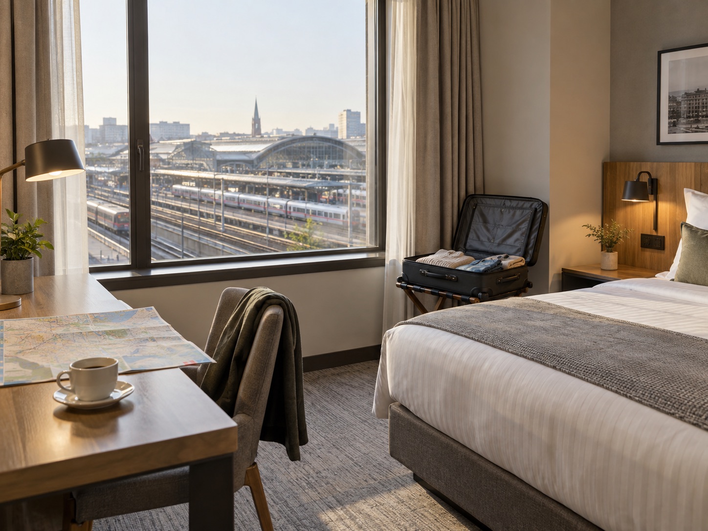 A hotel room with an open suitcase and a window overlooking railway tracks