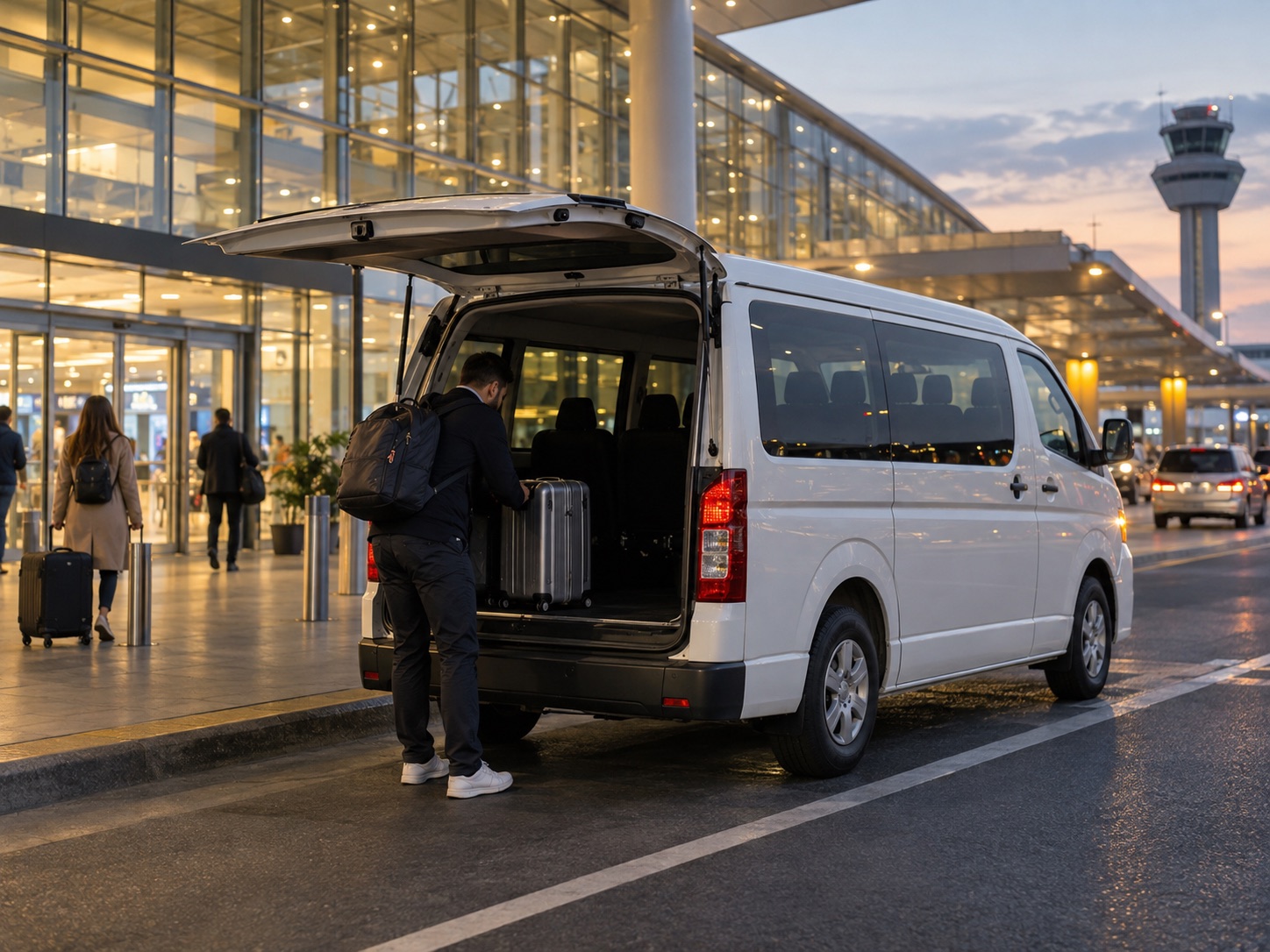 A traveller loading a suitcase into a shuttle minibus outside an airport terminal at dusk